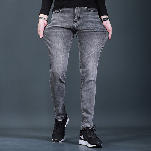 
Fan Litai autumn and winter plus velvet thickened smoke gray jeans for men slim feet fashionable casual simple men jeans long trousers QQ 1049 gray 33