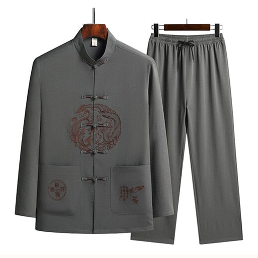 青潮尚中国风刺绣套装男中式盘扣衬衫婚礼生日祝寿礼服唐装夹克男两件套 C211红色 XL /41