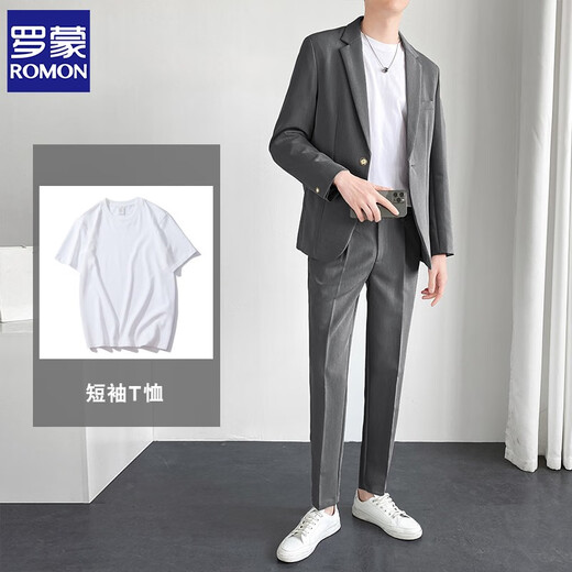 ROMON (ROMON) suit men's suit casual loose professional suit solid color jacket spring and summer groom wedding dress light mature style small suit [two pieces] apricot suit + trousers XL size
