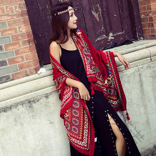 
Yanfangnuo Tibetan Chaka Salt Lake Desert Travel Photography Ethnic Style Shawl Women's Autumn and Winter Cloak Red Extra Large Scarf Scarf Border Wine Red