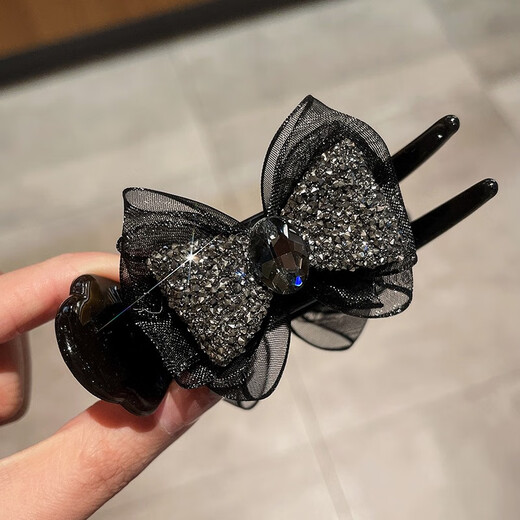 Zhuo Keke Rhinestone Bow Ball Head Clip High-end Ponytail Hair Clip for Girls Back of Head 2025 New Top Clip Hair Accessories Black Rhinestone Bow Ball Head Clip