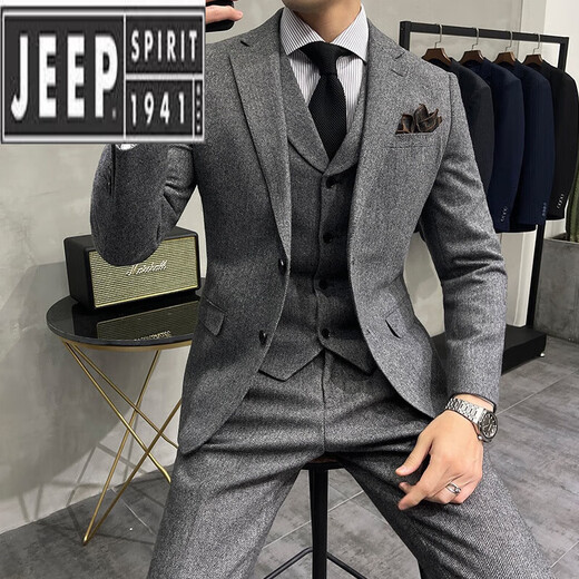 JEEP SPIRIT suit men's wool suit three-piece formal autumn and winter thickened groom's wedding dress XF2088-1 gray (suit + trousers) M