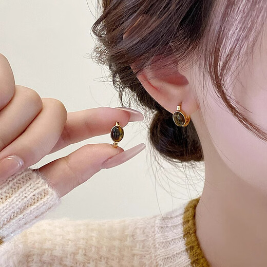 LANSILL retro unique tiger eye stone earrings for women 2025 new niche high-end ear buckle oval small Maillard earrings E3732 Maillard tiger eye stone ear buckle