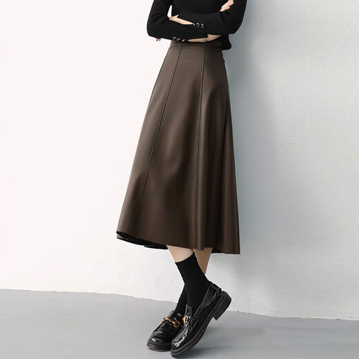 Aubaixi Leather Skirt Women's 2025 Spring Autumn Winter New High Waist Mid-Length Retro Umbrella Skirt A-Line Skirt Khaki M