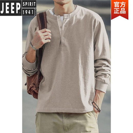 JEEP SPIRIT American Retro Henley Long Sleeve T-Shirt Men's Khaki Retro Old Loom Tube Woven Henley Collar T-Shirt Men's Sand Gray + CPH28 The quality is higher than that of its peers 2XL Fast Delivery