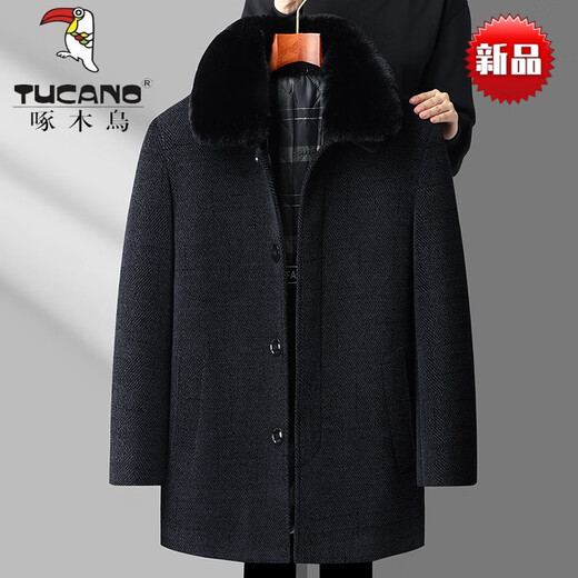 Woodpecker (TUCANO) windbreaker dad winter velvet thickened coat woolen coat middle-aged and elderly 40-60 years old men's clothing mid-length cotton coffee gray 2XL