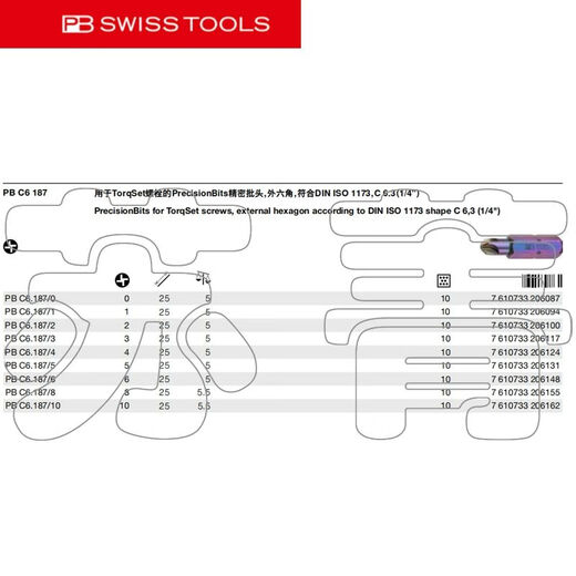 
CLCEY imported Swiss PB SWISS TOOLS Precision Four-wing Aviation Batch Head C6187 Series 9-pair combination C6187/0 full length 25mm