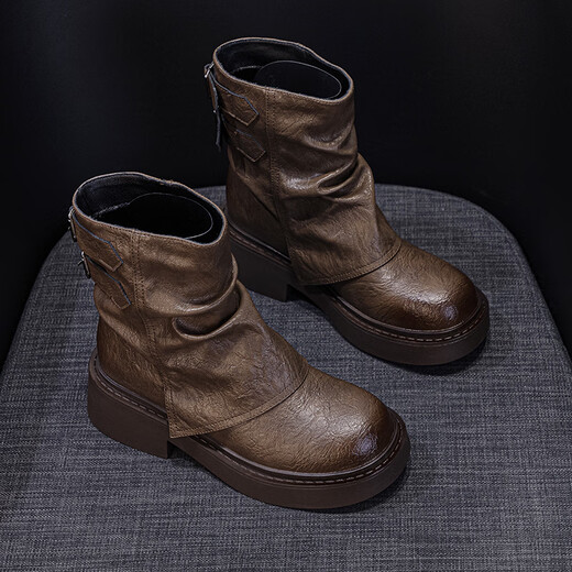 Jin Riman Martin Boots Frauen Kurzstiefel Frauen Frühling und Herbst Retro Western Cowboy Boots Frauen Lange Bootsgürtel Schnalle Hülle Ritterstiefel M2656 Brown 37