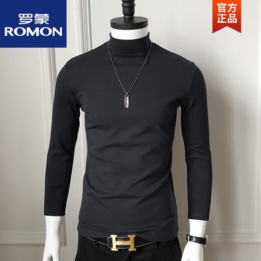ROMON Modal half turtleneck bottoming shirt men's autumn solid color long-sleeved T-shirt mercerized cotton mid-collar autumn and winter slim clothing black thin velvet 4XL