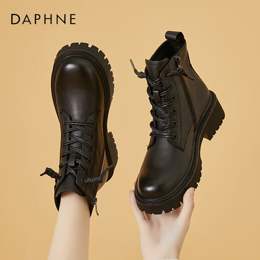 Daphne Martin boots women's new style cowhide British thick high-heeled women's boots plus velvet leather boots women's shoes 422104611W W velvet black 37