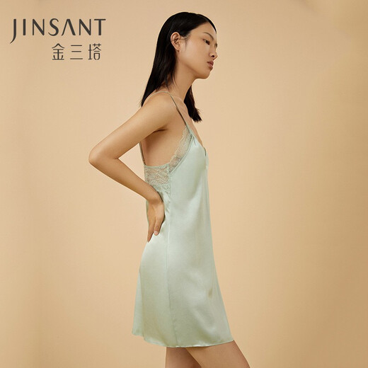 金三塔真丝吊带睡裙带罩杯蕾丝拼接性感浪漫法式真丝吊带裙 绿洲冰泉色9720 M