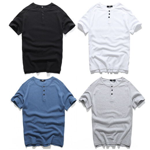 Erneuerung kurzärmeligte T-Shirt für Männer, enge Henry-Kragen reines Baumwollkragen schwarzes T-Shirt für Männer, Slim Sport Top Base Shirt, Schwarz L.