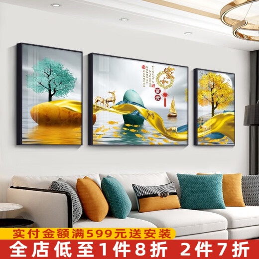 Xuanyi living room decorative painting Nordic sofa background wall decorative painting mural modern simple triptych hanging painting new Chinese style bedroom light luxury diamond crystal porcelain painting stone to run 01 style left and right 40*60 middle 60*80cm/fabric painting