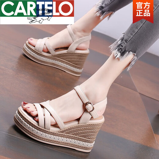 卡帝乐鳄鱼（CARTELO）品牌高档女凉鞋厚底坡跟凉鞋女夏季高跟鱼嘴女鞋子增高松糕女凉鞋 黑色 37