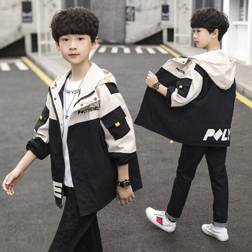 Mingsenbei children's clothing boys spring coat 2021 new spring and autumn new medium and large children's windbreaker boys medium and long coat 3-15 years old coat trendy black (not quilted) 160 (height about 155cm)