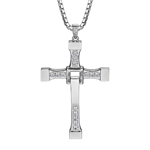 Mingyang Decorative Sea 925 Silver Cross Necklace Men's Trendy Fast and Furious Pendant Birthday Gift for Boyfriend Cross Pendant with Hexagonal Silver Chain 60CM