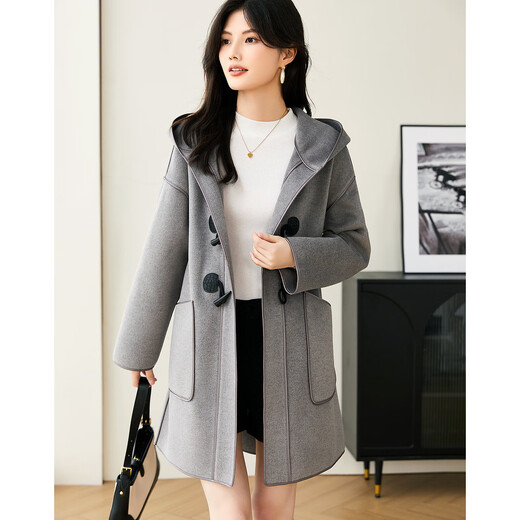 Demana retro age-reducing spring and autumn hooded straight long-sleeved off-shoulder double-sided woolen horn button jacket for women mid-length