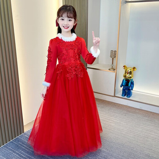 德夫阿可儿童礼服女童公主裙小主持人高端钢琴演出大童长裙学生秋冬季加厚 CR683长款长袖红色【加绒】 140 (建议51-60斤)
