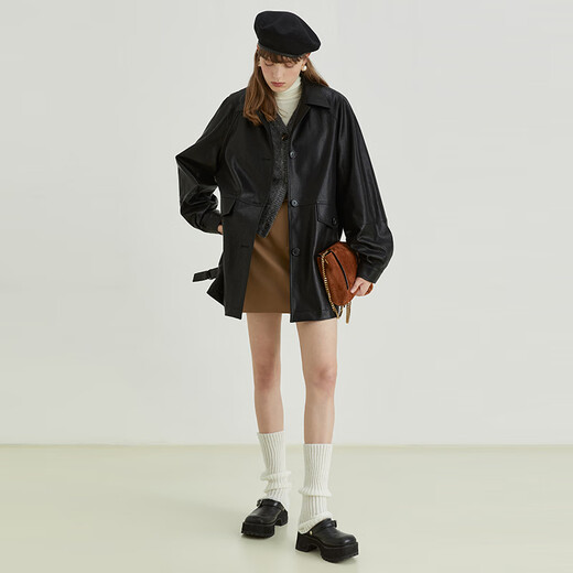 fano studios范洛Fano 2025秋季新款复古翻领黑色环保pu皮衣机车服夹克外套女 黑色 S