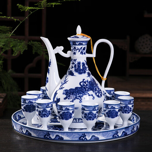 Xihe Yinyao Xihetang Jingdezhen Ceramic Wine Set Liquor Goblet Spirit Cup Blue and White Wine Pot Set Wine Cup Guiguzi Style (1 Pot, 10 Cups, 1 Tray)