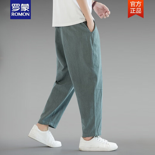 Romon Sommer dünner chinesischer Stil große Baumwoll- und Leinengeschnittene Hosen Männer lose Leinen Casual Hosen Harem Hosen 9-Punkte-Hosen Herrenhosen hellgrau 3xl