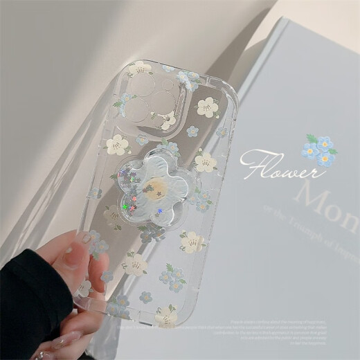 Jingang is suitable for iPhone 14 mobile phone case iPhone 13 proamx lens all-inclusive anti-fall protective case ins style oil painting flower transparent women's soft shell transparent [blue and white flower + blue flower stand] with tempered film Apple 13