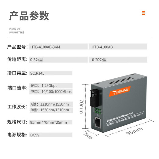 netLINKHTB-4100AB Gigabit single-mode single-fiber optical fiber transceiver photoelectric converter external power SC interface price 0-20KM