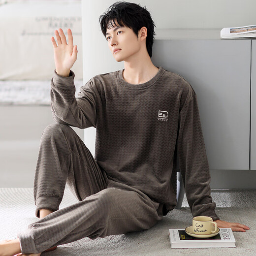 
Modal pajamas men's autumn and winter thin velvet coral velvet home clothes pullover men's spring and autumn thickened island velvet suit J9871 XL [Suggested 140-160Jin [Jin equals 0.5 kg]]