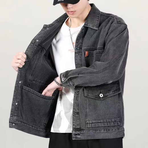 LAXSESU denim jacket men's spring and autumn loose Korean version dirty and wear-resistant work jacket Y847 black M:100-115Jin[Jin equals 0.5 kg]