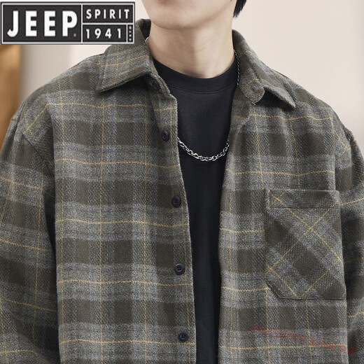 JEEP SPIRIT High Street Trend Heavy Thick Plaid Shirt Jacket Men's Autumn and Winter Long Sleeve Jacket Plus Velvet Men's Shirt 815 Brown Style Plus Velvet XL Recommended Weight 140-160