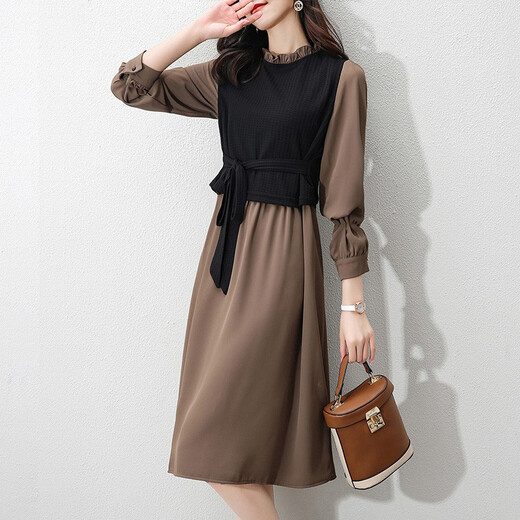 Shanidoluo large size women's clothing fat sister spring and autumn style slimming medium length fake two-piece fat mm belly-covering chiffon dress 16788 khaki 2XL recommended 120-140Jin [Jin equals 0.5 kg] to wear