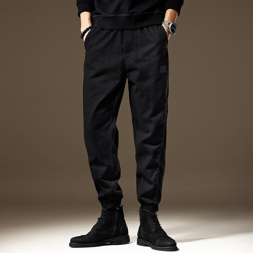 Cotton overalls men's slim pants men's small feet spring and autumn casual pants men's elastic spring and autumn harem pants 2506 black regular L size 130-150 Jin Jin equals 0.5 kg