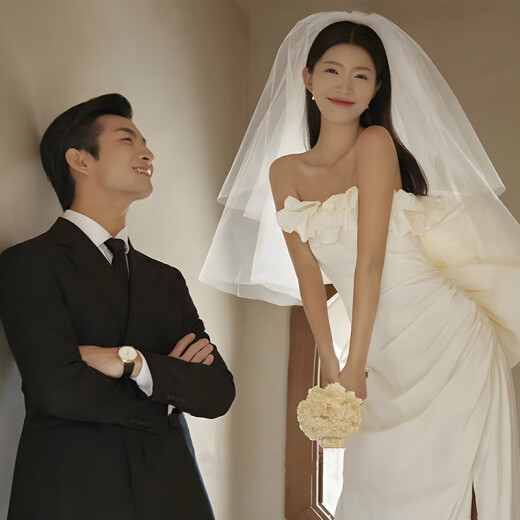 酷依宝七夕白色头纱头饰拍照道具新娘订婚求婚主婚纱领证登记结婚礼小轻