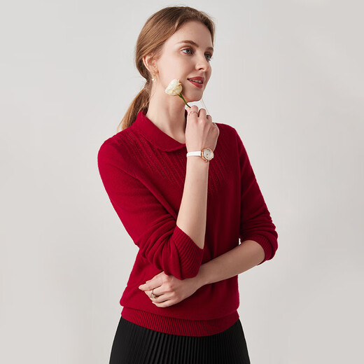 Zhaojun 2024 Autumn and Winter Red Fashion Casual Wool Sweater Women's Lapel Long Sleeve Warm Knitted Sweater Pomegranate Red L