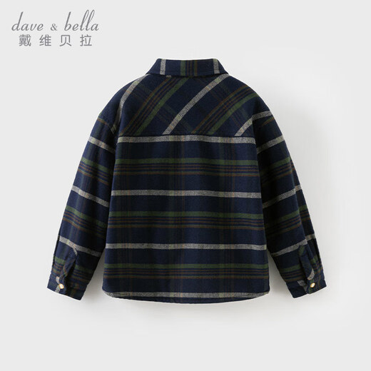 DAVE&BELLA boys' shirts for older children, new winter tops, velvet children's plaid shirts, children's clothes, older children's tops, navy plaid, in stock, 150 cm (recommended height 140-150cm)