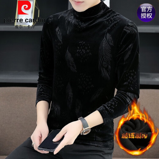 皮尔卡丹（pierre cardin）加绒加厚半高领打底衫男士黑色金丝绒长袖t恤秋冬季内搭T 加绒 691黑色 L