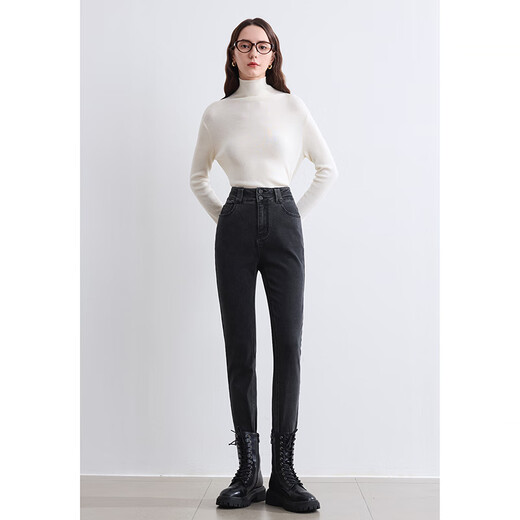 Betu women's new winter jeans brushed high waist slim pencil pants women 2410T87 dark gray M