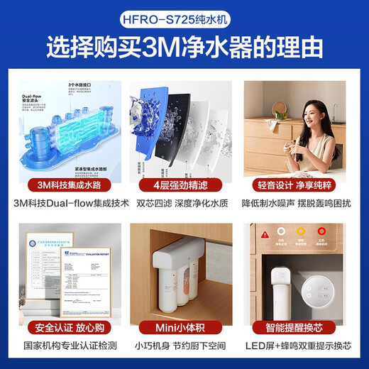 3M套装净水器管线机家用直饮RO反渗透厨下S725/S620大通量3年长效RO膜家用纯水机净饮机 HFRO-S725机器+40GL前置过滤器