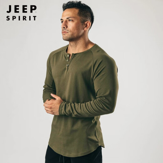 JEEP SPIRIT Retro Heavy Henley Long Sleeve T-Shirt Solid Color Sports Fitness Bottoming Shirt Men's Pure Cotton Stretch Thin V-Neck Cardigan Army Green 2XL