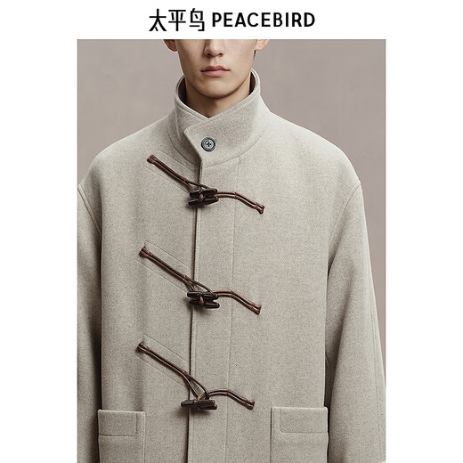 
Peacebird men's stand-up collar woolen coat men's mid-length winter new style horn button wool coat light khaki first batch L