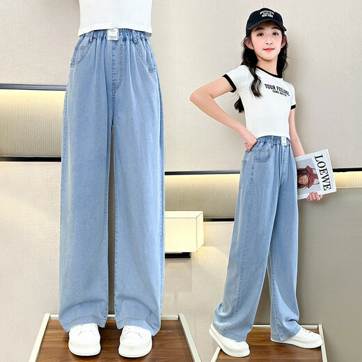 NICKYBABY Girls Summer Jeans Set 2025 New Internet celebrity fashionable children junior high school summer suit short-sleeved wide-leg big children 9889 white + 15030 blue 170