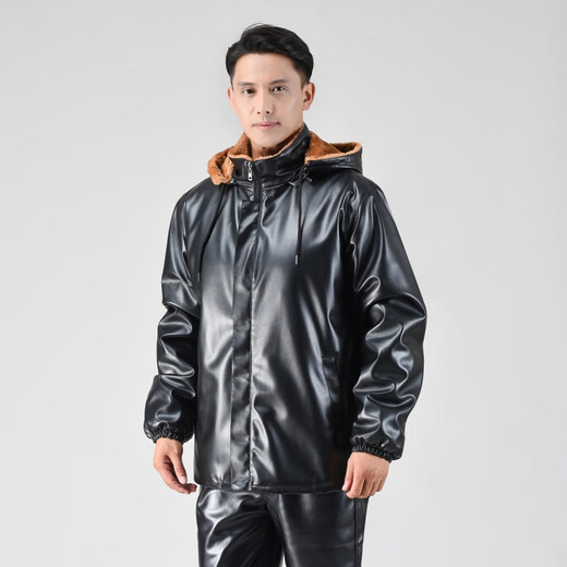 月袖（YUEXIU）加绒加厚皮衣皮裤套装男式摩托防风宽松加大码冬天皮棉衣代驾外套 连帽款加绒加厚皮衣套装 5XL (建议180-200斤)