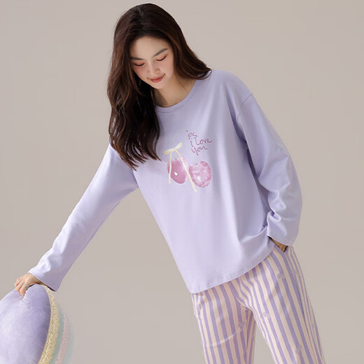 
Catman (MiiOW) pure cotton pajamas for women long sleeves 22-year autumn and winter new casual style for outdoor cotton home clothes for women two-piece suit Purple 679 L [recommended 100-120 Jin [Jin equals 0.5 kg]]