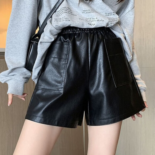Lanqi shorts women's outer leather pants spring and autumn black hot pants 2025 new style with boots boot pants high waist versatile black vertical purse leather shorts L 100-120 Jin Jin equals 0.5 kg