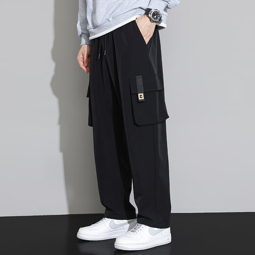 PANGQIN (PANGQIN) plus fat plus large fat man work pants men straight loose tying pants fat people extra large size trousers fat jeans 9930 black 6XL recommended 220-240 Jin [Jin equals 0.5 kg]