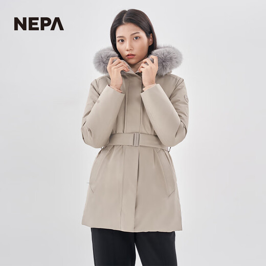 NEPA耐葩秋冬女士大衣式中长款连帽狐狸毛毛领羽绒服7I82056 灰褐色 S 165/88A