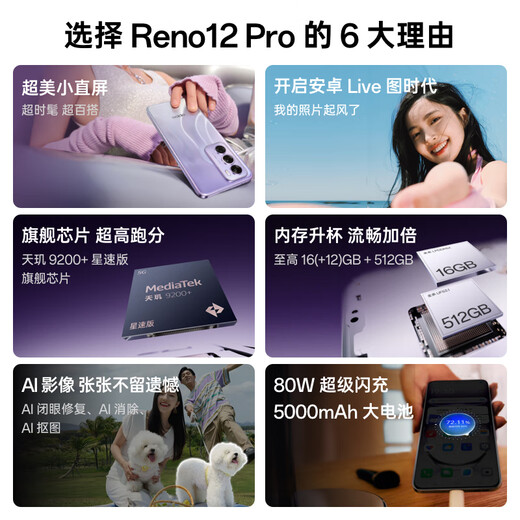 OPPO Reno12 Pro 16GB+512GB Ebony Black Super Beautiful Small Screen Android Picture Live Games Smart Photos AI Estudiante 5G Mobile Teléfono
