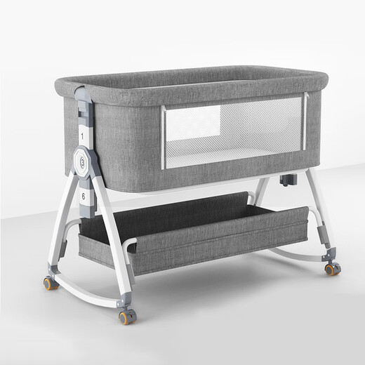 HAIZIJIA Newborn crib multifunctional bed with changing table, splicable bed, foldable baby rocking bed, removable gray + mosquito net + storage basket + diaper pad + pillow