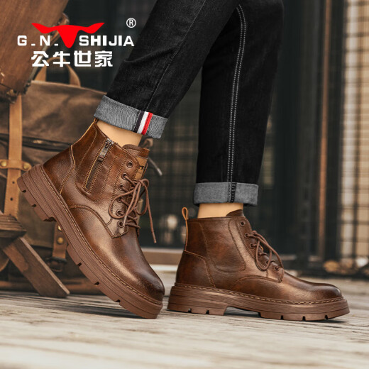 Bull Familie Martin Boots Herren echte Leder Herbst und Winter High-Top British Style Old Retro Work Boots Herren Red Brown 40