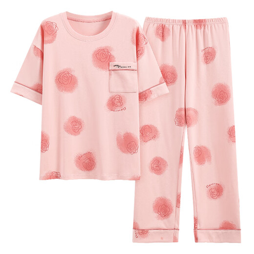 Hongdou official website woven pajamas for women for summer pure cotton short-sleeved trousers thin cotton summer ladies home clothing suit spring and autumn YZT9713 short-sleeved trousers L 100-120Jin [Jin equals 0.5 kg]